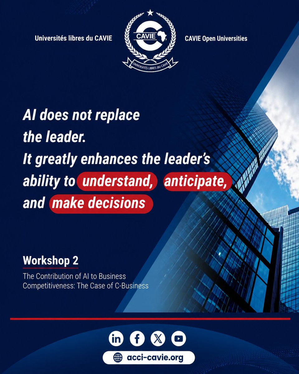 cavie_acci's tweet photo. « AI does not replace the leader. It greatly enhances the leader's ability to understand, anticipate, and make decisions. »
👉 https ://acci-cavie.org/open-university-2026-program/
#CAVIE #COU2026 #Workshop2 #Punchline https://t.co/8n1DOuo6Gb