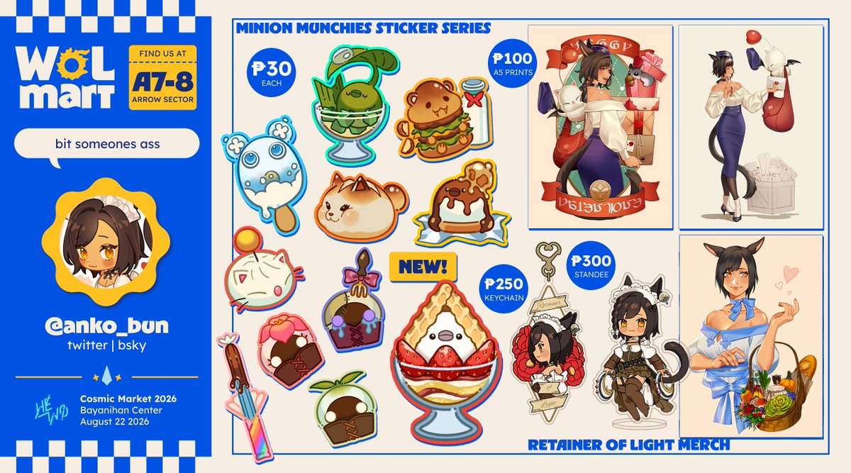 anko_bun's tweet photo. 📢RTs Appreciated!!!📢

Hello, everyone! I'll be tabling with friends collectively as WoLMart this #CoMetMNL2026! We are at Arrow Sector #7-8(A7-8)! Come see us! 🤗#FF14 #FFXIV

If you'd like to reserve any of what I have on offer, please feel free to reply to this tweet!🥰 https://t.co/FbPRQtLBDW