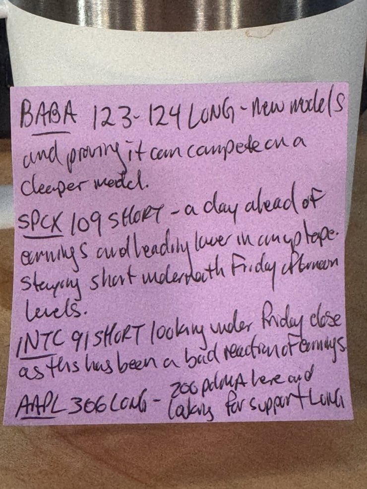 trader_tvshawn_'s tweet photo. Daily #Stickynote - August 3, 2026 ππ₯
Overall feel: Mixed bias this morning β shorts in a couple of weak names, looking for support longs in others.
$BABA 123-124 LONG π β new models and proving it can compete on a cheaper model.
$SPCX 109 SHORT π β a day ahead of earnings https://t.co/AK5PDn6KAT