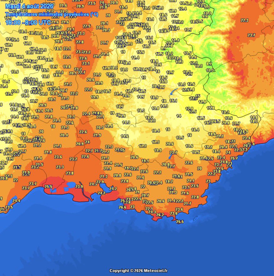 VigipreventionM's tweet photo. 🔶🌙 Une nouvelle nuit tropicale a concerné une grande partie de la France!

-> Plusieurs stations ont de nouveau enregistré des températures minimales exceptionnellement élevées, avec quelques records de douceur nocturne battus, notamment près de la Méditerranée et sur les régions du Centre. La masse d'air est restée orientée au sud à sud-est sur l'Est et le sud du pays. Associée à un vent encore bien présent et à un léger voile nuageux, elle a fortement limité le refroidissement nocturne. Résultat : les températures ont eu beaucoup de mal à descendre, maintenant une nuit particulièrement douce, voire tropicale sur de nombreux secteurs.

Pour l’heure à 10h:

🔺 2 records absolu

🔶 12 records mensuel 

Quelques valeurs minimales, enregistrées cette nuit:

🌙🌡️ -> 26,9°C au Cap-Corse (2B)

🌙🌡️ -> 26,4°C à Porto-Vecchio (2A)

🌙🌡️ -> 26,2°C à Toulon (83)

🌙🌡️ -> 25,7°C à Nice (06)

🌙🌡️ -> 24,6°C à Pioggiola (2B)
Record absolu 24°C le 12/08/2025

🌙🌡️ -> 24,5°C à Villefranche (69)
Record mensuel 24,4°C le 16/08/2025

🌙🌡️ -> 24°C à Lyon (69)

🌙🌡️ -> 22,6°C à Rians (83)
Record absolu 22,4°C  17/07/2025

{@record_py }