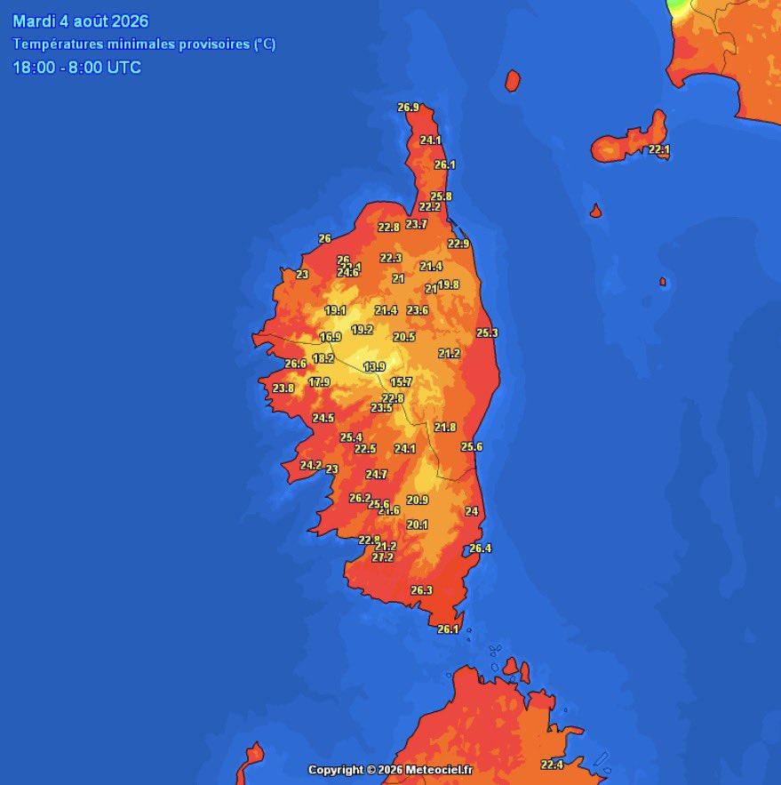 VigipreventionM's tweet photo. 🔶🌙 Une nouvelle nuit tropicale a concerné une grande partie de la France!

-> Plusieurs stations ont de nouveau enregistré des températures minimales exceptionnellement élevées, avec quelques records de douceur nocturne battus, notamment près de la Méditerranée et sur les régions du Centre. La masse d'air est restée orientée au sud à sud-est sur l'Est et le sud du pays. Associée à un vent encore bien présent et à un léger voile nuageux, elle a fortement limité le refroidissement nocturne. Résultat : les températures ont eu beaucoup de mal à descendre, maintenant une nuit particulièrement douce, voire tropicale sur de nombreux secteurs.

Pour l’heure à 10h:

🔺 2 records absolu

🔶 12 records mensuel 

Quelques valeurs minimales, enregistrées cette nuit:

🌙🌡️ -> 26,9°C au Cap-Corse (2B)

🌙🌡️ -> 26,4°C à Porto-Vecchio (2A)

🌙🌡️ -> 26,2°C à Toulon (83)

🌙🌡️ -> 25,7°C à Nice (06)

🌙🌡️ -> 24,6°C à Pioggiola (2B)
Record absolu 24°C le 12/08/2025

🌙🌡️ -> 24,5°C à Villefranche (69)
Record mensuel 24,4°C le 16/08/2025

🌙🌡️ -> 24°C à Lyon (69)

🌙🌡️ -> 22,6°C à Rians (83)
Record absolu 22,4°C  17/07/2025

{@record_py }