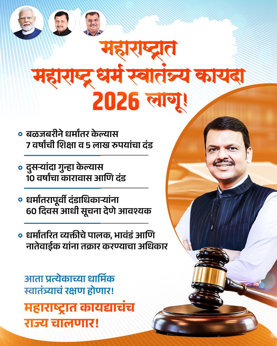 NavnathBanBJP's tweet photo. धर्मस्वातंत्र्य म्हणजे प्रत्येक व्यक्तीला आपल्या इच्छेनुसार धर्म स्वीकारण्याचा किंवा त्याचे पालन करण्याचा घटनात्मक अधिकार; मात्र आमिष, फसवणूक, बळजबरी किंवा दबावाखाली घडणारे धर्मांतर हे धर्मस्वातंत्र्य नव्हे.

याच पार्श्वभूमीवर महाराष्ट्रात धर्मस्वातंत्र्य कायदा लागू करण्यात आला आहे. या कायद्याचा उद्देश कोणाच्याही वैयक्तिक श्रद्धेवर बंधन आणणे नसून, बेकायदेशीर मार्गाने होणाऱ्या धर्मांतराला प्रतिबंध घालणे आणि प्रत्येक नागरिकाच्या घटनात्मक अधिकारांचे संरक्षण करणे हा आहे. कायद्याचे राज्य अधिक बळकट करत सामाजिक समतोल आणि नागरिकांच्या अधिकारांचे रक्षण करण्याच्या दृष्टीने हे महत्त्वपूर्ण पाऊल आहे.

#महाराष्ट्र_धर्मस्वातंत्र्य_कायदा #धर्मस्वातंत्र्य #Maharashtra #RuleOfLaw #BJP4Maharashtra

@Dev_Fadnavis 
@CMOMaharashtra 
@RaviDadaChavan 
@BJP4Maharashtra