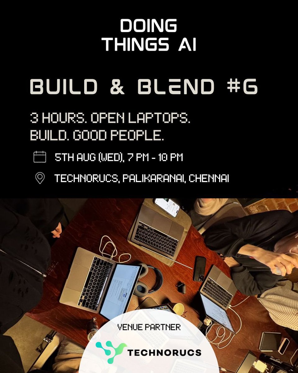DoingThingsAIHq's tweet photo. Three hours. One room. Builders working on real projects, sharing feedback, solving problems, and shipping together.
Venue Partner: TechnoRUCS
Just focused building with people who are on the same journey.
Register now:
https://t.co/vMofyJ8bSO
#DoingThingsAI #BuildAndBlend https://t.co/hDIDAmB7jv