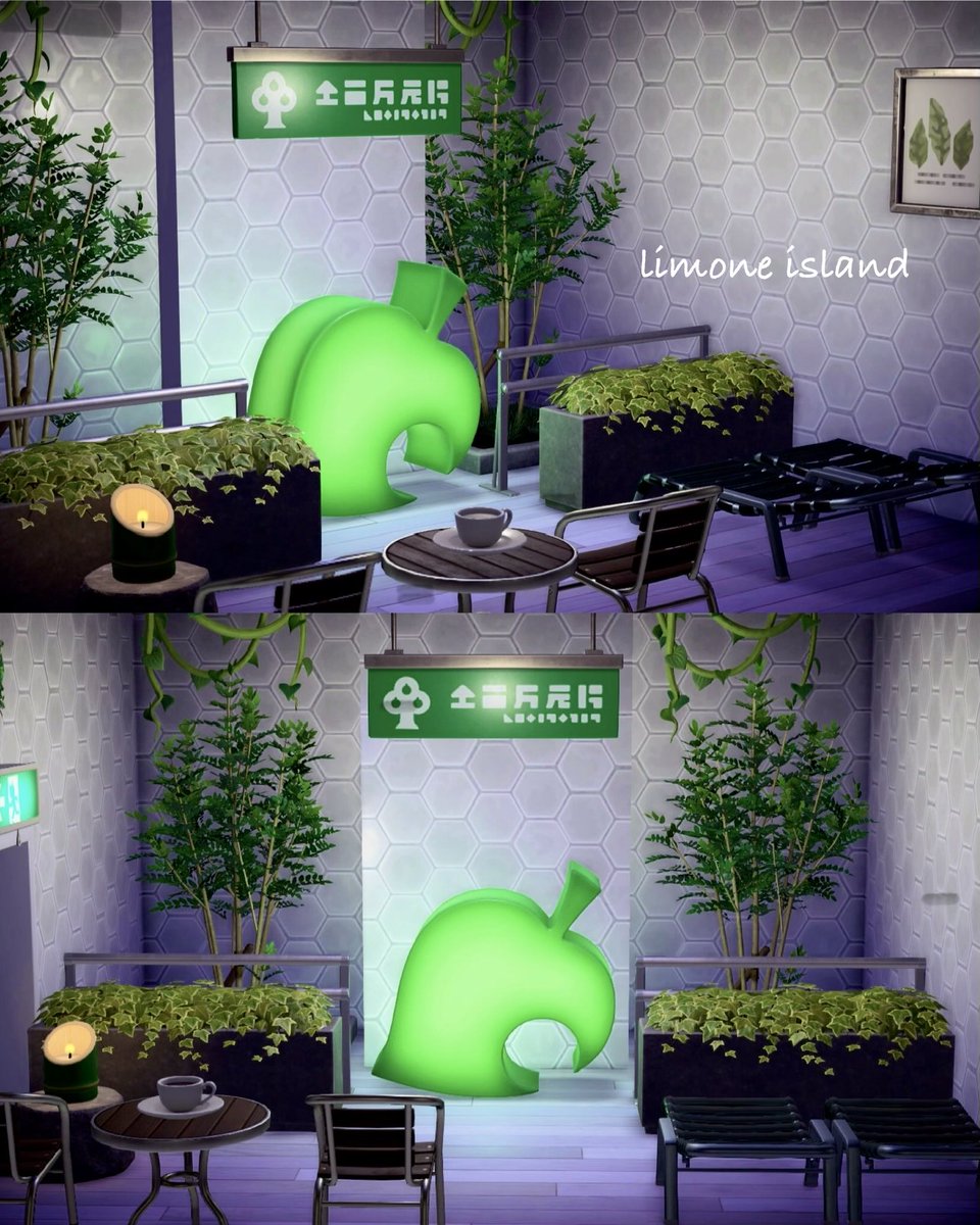 Kaorindhcw's tweet photo. limone island˖ ࣪⊹🍋

A room decorated with leaf ornaments. 🍃🤍　
自宅　葉っぱのオブジェを飾ったお部屋。

どこかにありそうな待合所みたいになったかな😊　ただただ、眺めるお部屋🍃
#あつ森　#あつまれどうぶつの森
#animalcrossingnewhorisons https://t.co/B3H85M8atm