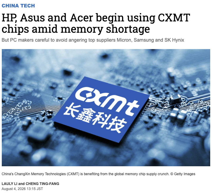 wallstengine's tweet photo. HP, ASUS AND ACER BEGIN LIMITED USE OF CXMT DRAM - NIKKEI

The PC makers have started using small volumes of China’s CXMT memory chips in budget notebooks sold outside the U.S. after completing qualification around midyear.

The move is being driven by a severe memory shortage as AI infrastructure consumes more supply. Still, adoption remains limited because CXMT is prioritizing Chinese customers, while PC makers are reluctant to upset Samsung, SK Hynix and Micron, which collectively control more than 90% of the DRAM market.

CXMT is also on a Pentagon list of companies alleged to have links to China’s military, although it is not subject to an outright U.S. trade blacklist.

Despite being a newer supplier, CXMT’s DRAM is reportedly no cheaper than Samsung’s, and customers have been unable to secure supply beyond the current quarter. The limited adoption still marks a meaningful entry for CXMT into the global PC supply chain.