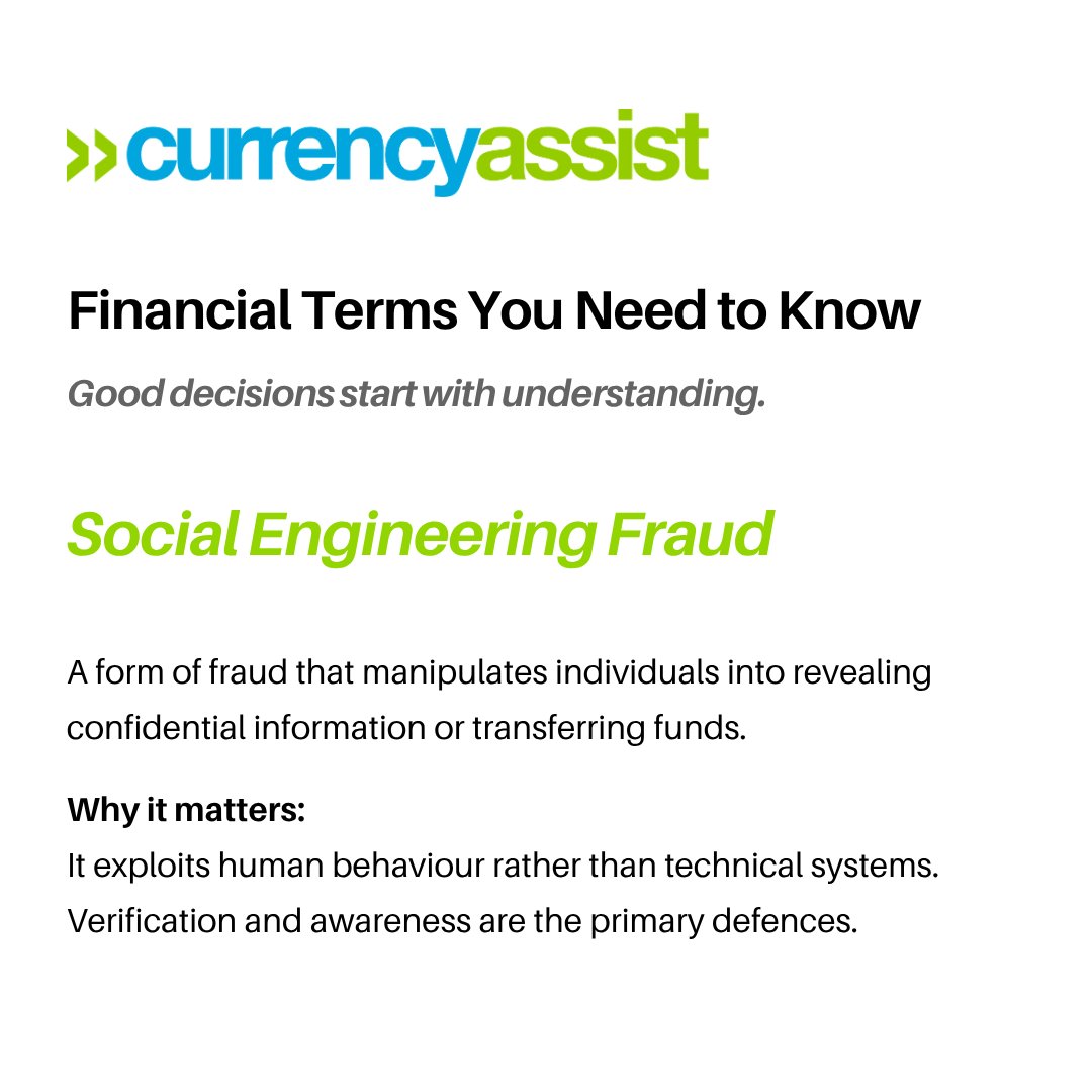 currencyassist's tweet photo. 💰This week's Financial Term You Need To Know is: 🏦 Social Engineering Fraud
Why it matters? Good decisions start with understanding.
#socialengineeringfraud #finance #currencyassist https://t.co/E9zHkHojqN