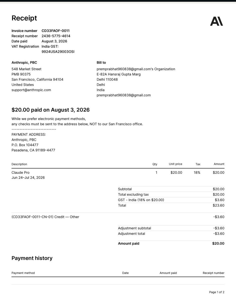 prem_prabhat9's tweet photo. Hi @AnthropicAI ,
I was charged $20 for Claude Pro on Aug 4, but my account still shows the Free Plan.
I've contacted support multiple times, but I only receive repeated automated replies from Fin AI Agent.
Please have a human billing specialist review my case. Thank you. https://t.co/TUuYzxQZv4