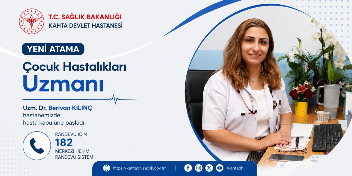 KDevlet15374's tweet photo. Çocuk Sa��lığı ve Hastalıkları Uzmanı Dr. Berivan KILINÇ hastanemizde hasta kabulüne başlamıştır.

Muayene randevularınızı
☎️ALO 182 veya
🌐MHRS (https://t.co/rlJgZVJPrG)
adresi üzerinden oluşturabilirsiniz.
📌Tüm vatandaşlarımıza duyurulur. https://t.co/41IG4yMKSS