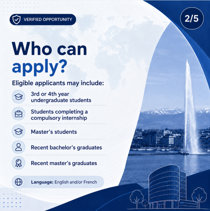 Triip_Doc's tweet photo. 🇨🇭 WIPO Paid Internship Program in Geneva

💰 CHF 1,645–2,170/month
🩺 Medical and accident insurance
🛂 Visa-formality assistance
✈️ Possible travel support
📅 Rolling internship roster
For eligible students and recent graduates.

Full details:
https://t.co/6a9Kb6YjqW

#WIPO #PaidInternship #TripDoc