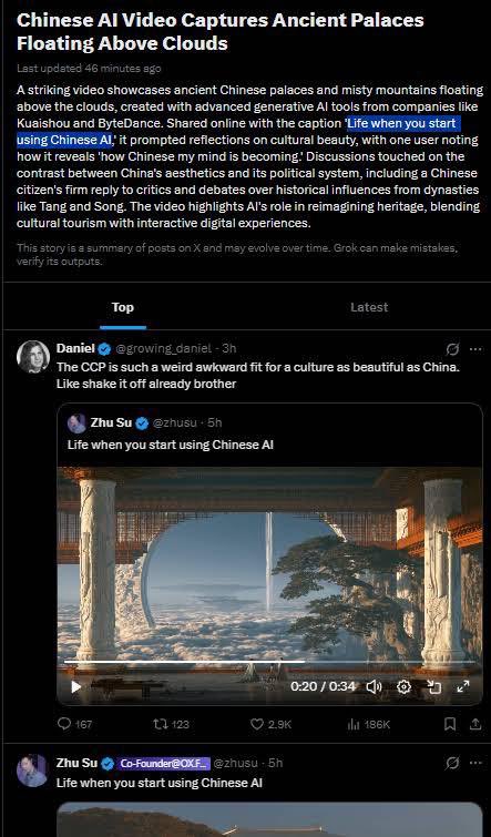 RetardedToly's tweet photo. How’re we missing this ?

Remember the viral 'life if' trend

Well now theres a Life when you start using Chinese AI trend going viral on x today

It just got a trending x article too: https://t.co/ORNGPfOezT…

It shows people using chinese AI to make aesthetic videos

Its already got millions of views today, and elon probably interacts with some of them

https://t.co/6It7MvPVRY