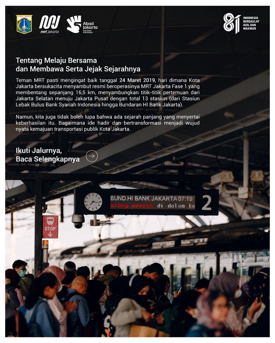 mrtjakarta's tweet photo. Perjalanan kita tidak dibangun dalam semalam. Banyak langkah ditempuh jauh sebelum akhirnya kereta pertama MRT Jakarta melaju. Berangkat dari sebuah gagasan, kini menjadi bagian dari keseharian jutaan orang. Besok, dan seterusnya, menemani Kota Jakarta yang bertumbuh.

Sekarang, izinkan kami mengajakmu menelusuri perjalanan itu. Melihat kembali apa yang sudah dilalui, yang sedang dijalani, dan yang masih terus diupayakan.