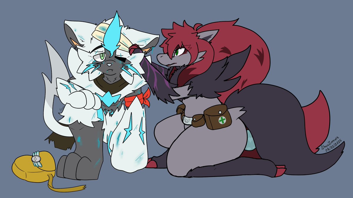 FurrFox1's tweet photo. Happy late Pokemon Mystery Dungeon Dayyyy
My zeraora can´t do this alone 🐱🦊✨✨

Collab with @/shoju-zoroark.bsky.social ❤️🖤

#furryart #pokemon https://t.co/omvXMjAgAU