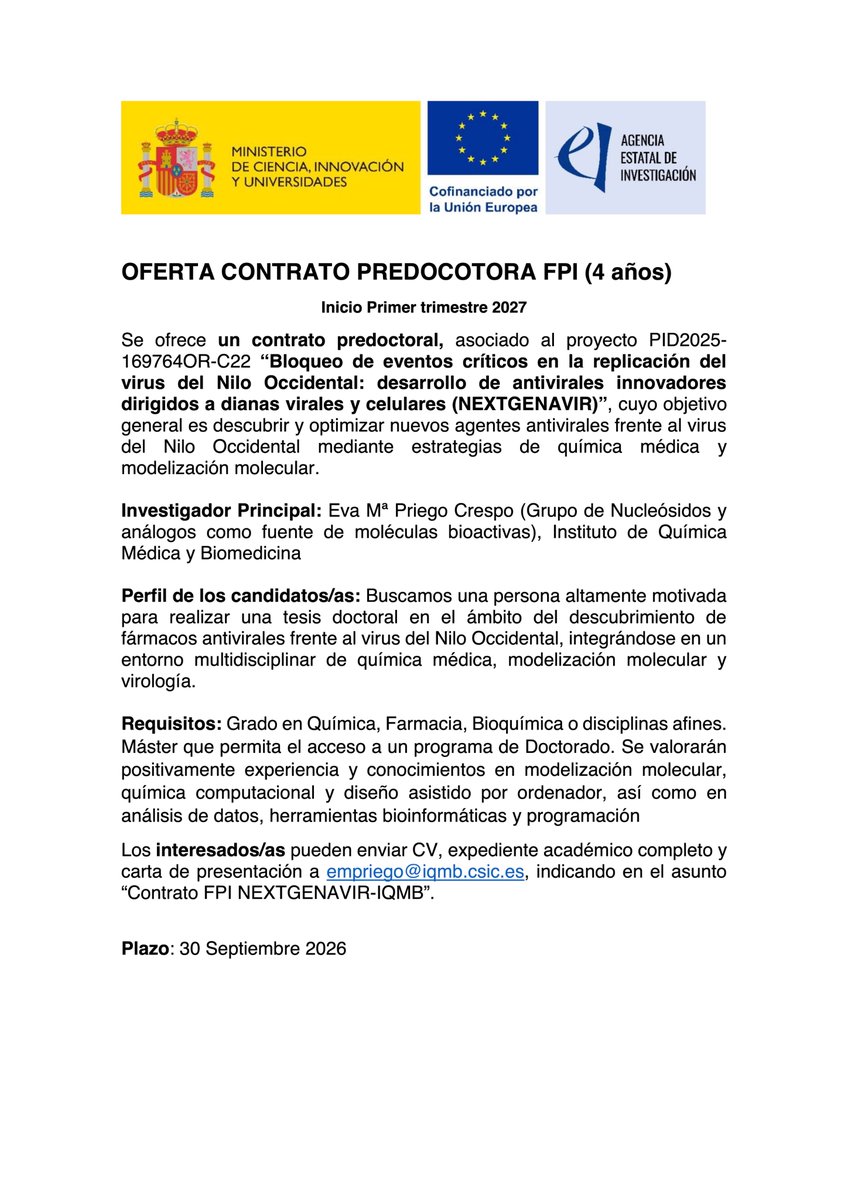 IQMB_CSIC's tweet photo. ¿Pensando en hacer la tesis doctoral?

En el IQMB tenemos 3 ofertas predoctorales para trabajar en química médica, biomedicina, modelización, nanomedicina y radioquímica.

👇 Echa un vistazo y presenta tu candidatura: https://t.co/7cfN6o0hls