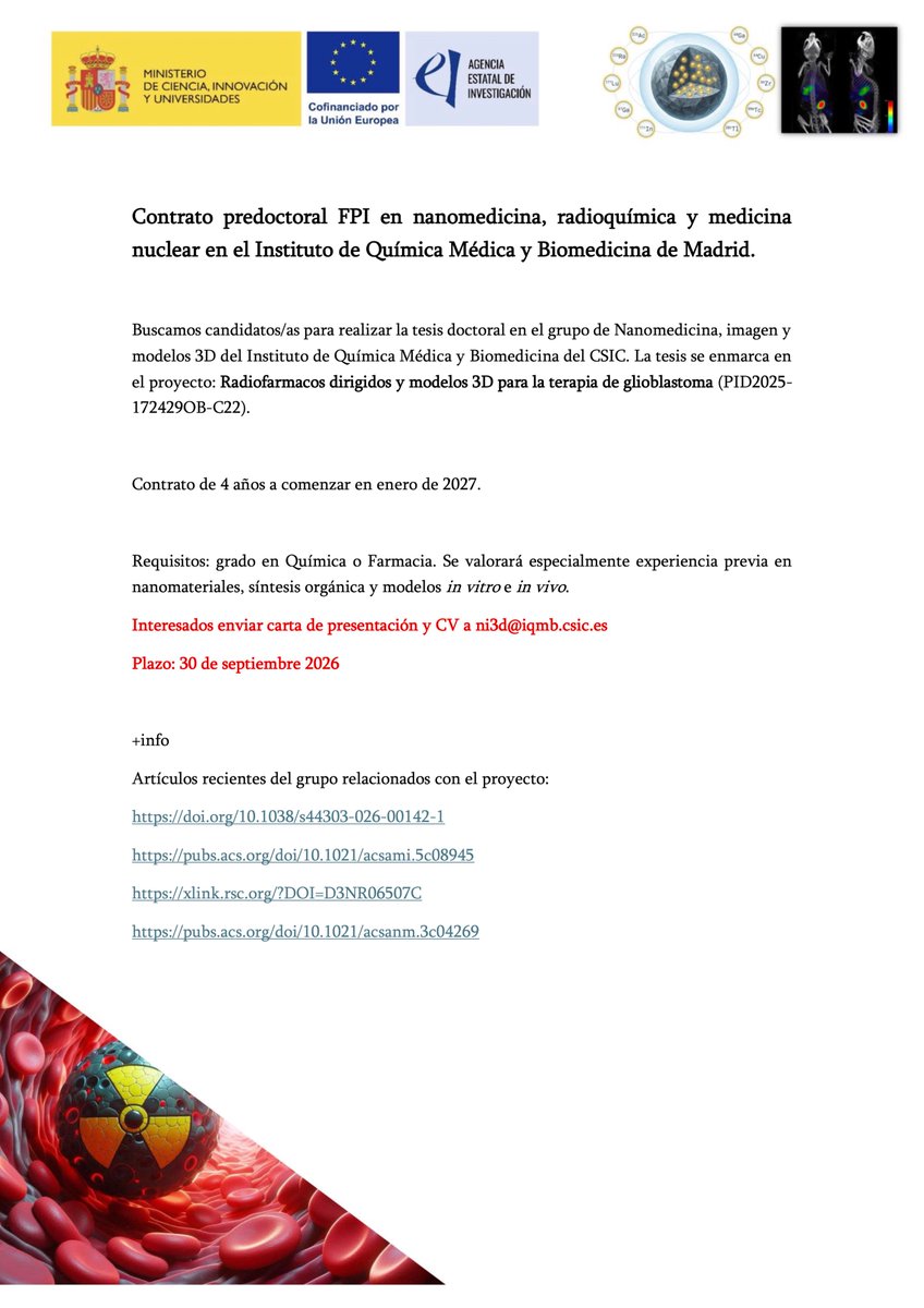 IQMB_CSIC's tweet photo. ¿Pensando en hacer la tesis doctoral?

En el IQMB tenemos 3 ofertas predoctorales para trabajar en química médica, biomedicina, modelización, nanomedicina y radioquímica.

👇 Echa un vistazo y presenta tu candidatura: https://t.co/7cfN6o0hls