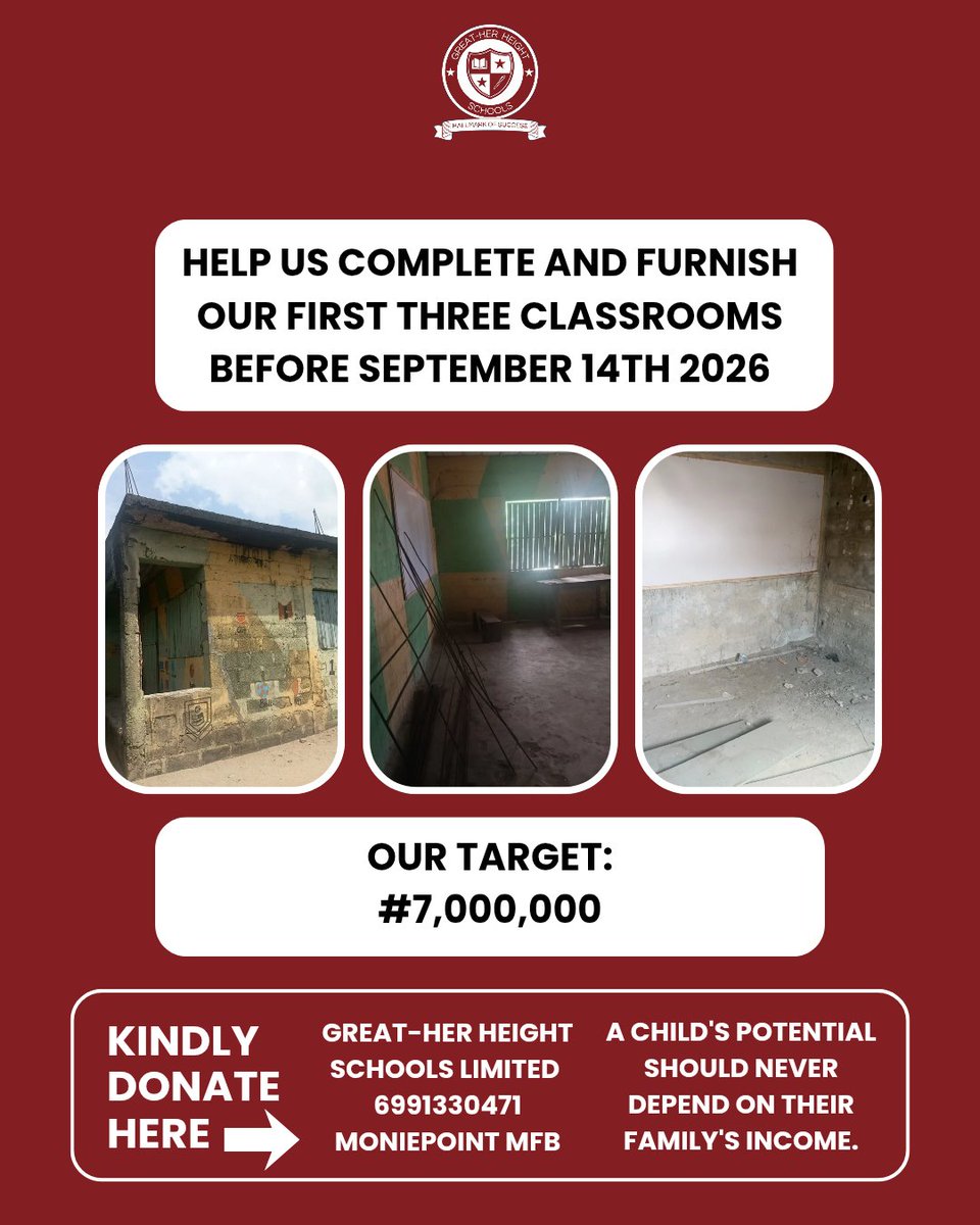 Daalulog's tweet photo. 1. Let me re-introduce myself.
My name is Precious Obiabunmo, and for the last 10 years, I've watched my mother run a low-cost community school in Ojo, Lagos called Great-Her Height Schools.

Starting today, I'm beginning a 42-days fundraising campaign to help us raise ₦7,000,000 to complete and furnish our first three classrooms before the new academic session begins on September 14.

2. 10 years ago, my mum started the school with just one child in a church classroom and a simple belief:
Every child deserves access to quality education, regardless of their family's income.

Today, that one child has become nearly 70 pupils, and hundreds of children have passed through our classrooms over the years.

3. One thing many people don't know is that we've intentionally kept education affordable for families in our community.
For years, school fees remained just ₦10,000 per term per child. In some cases, additional children from the same family attended at no cost. Affordability and not profit has been the goal for us. 

4. The challenge is that affordable school fees can keep a school running day-to-day, but they rarely generate enough surplus to build permanent infrastructure. So while we've been able to pay teachers, buy supplies, and keep our doors open, we've never had enough to complete the learning environment our children deserve.

5. Now, after 10 years of service, we've finally secured a permanent school space.But the classrooms still need finishing. The floors need tiling. The rooms need desks and chairs. The children need a learning environment that reflects their potential.
That's why we're raising ₦7,000,000.

6. For the next 42 days, I'll be sharing stories from the school(pupils, parents, teachers), and the  journey of building the next 10 years of affordable education. I hope you'll follow along.

7. If this appears on your timeline, I'm asking for three things:
a) Donate if you can. You can make a direct transfer:
Great-Her Height Schools Limited
Moniepoint MFB
6991330471
Or via our crowdfunding link
https://t.co/R5EnSJQT07
b) Repost this thread
c) Tag someone who believes education changes lives. Every contribution matters.

8. Together, let's build the next 10 years of affordable education.

#GreatHerHeightSchools
#EducationForEveryChild