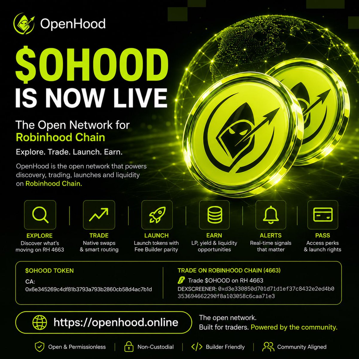 openhood_rh's tweet photo. $OHOOD is the coordination layer for OpenHood.

OpenHood is building infrastructure for traders, creators and liquidity providers on Robinhood Chain.

$OHOOD exists at the center of that ecosystem.

The broader vision is to align the people who create markets with the people who trade them and the people who provide liquidity to them.

Launch infrastructure.
Trading infrastructure.
Liquidity.
Access.
Community distribution.
One ecosystem.

$OHOOD.

CA:

0x6e345269c4df81b3793a793b2860cb58d4ac7b1d