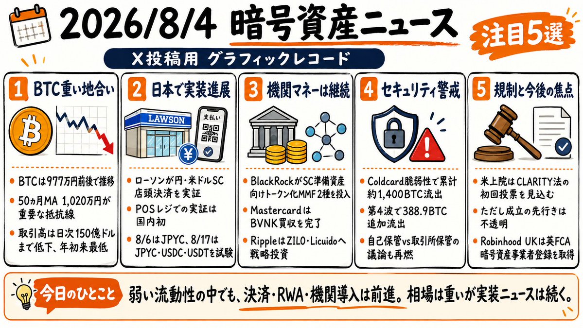 TSUDOI_tw's tweet photo. 【2026/8/4 暗号資産ニュース】

BTCは流動性低下で重い展開。一方、ローソンのステーブルコイン決済実証やBlackRock・RippleのRWA展開は前進。Coldcard流出にも警戒。

#暗号資産 #ビットコイン #RWA https://t.co/sDYJGq6dfK