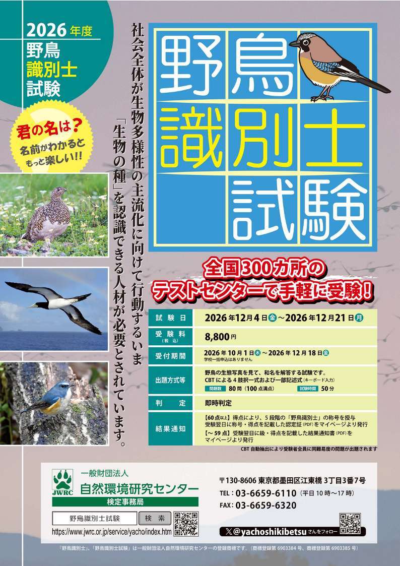 yachoshikibetsu's tweet photo. 2026年度『野鳥識別士試験』の詳細を発表しました。

受付期間：2026年10月1日（木）～12月18日（金）
試験期間：2026年12月4日（金）～12月21日（月）

全国約300ヵ所のテストセンターで受験いただけます。
試験時間は50分。即時判定により、試験終了後にその場で結果がわかります。

詳細は、公式サイトをご覧ください。
URLはリプライでご案内します。