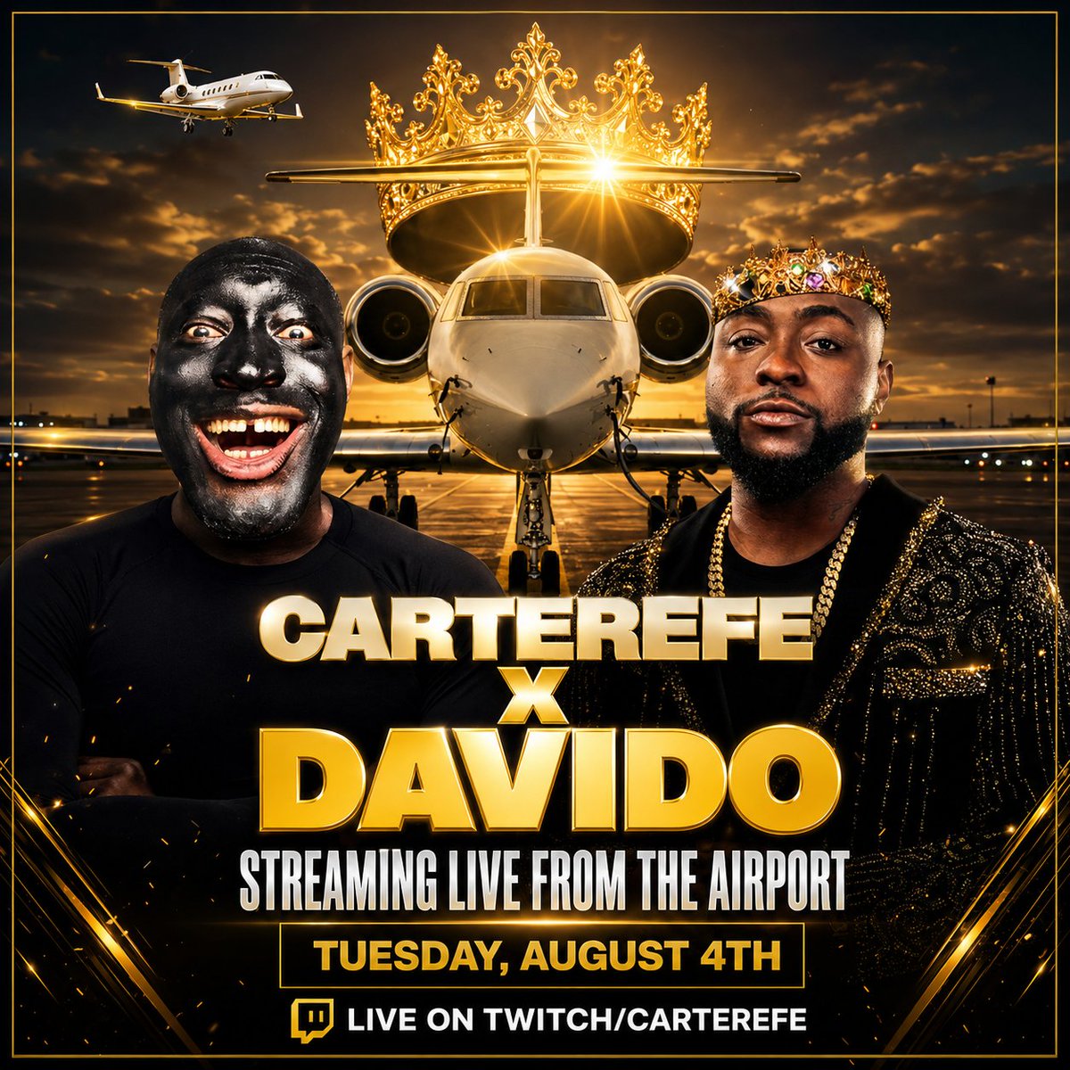 fiinnovate's tweet photo. The kings are taking over the runway.
Carterefe x Davido — LIVE from the airport.
August 4th. Twitch. Be there. ✈️👑 https://t.co/opH5cb8HXm