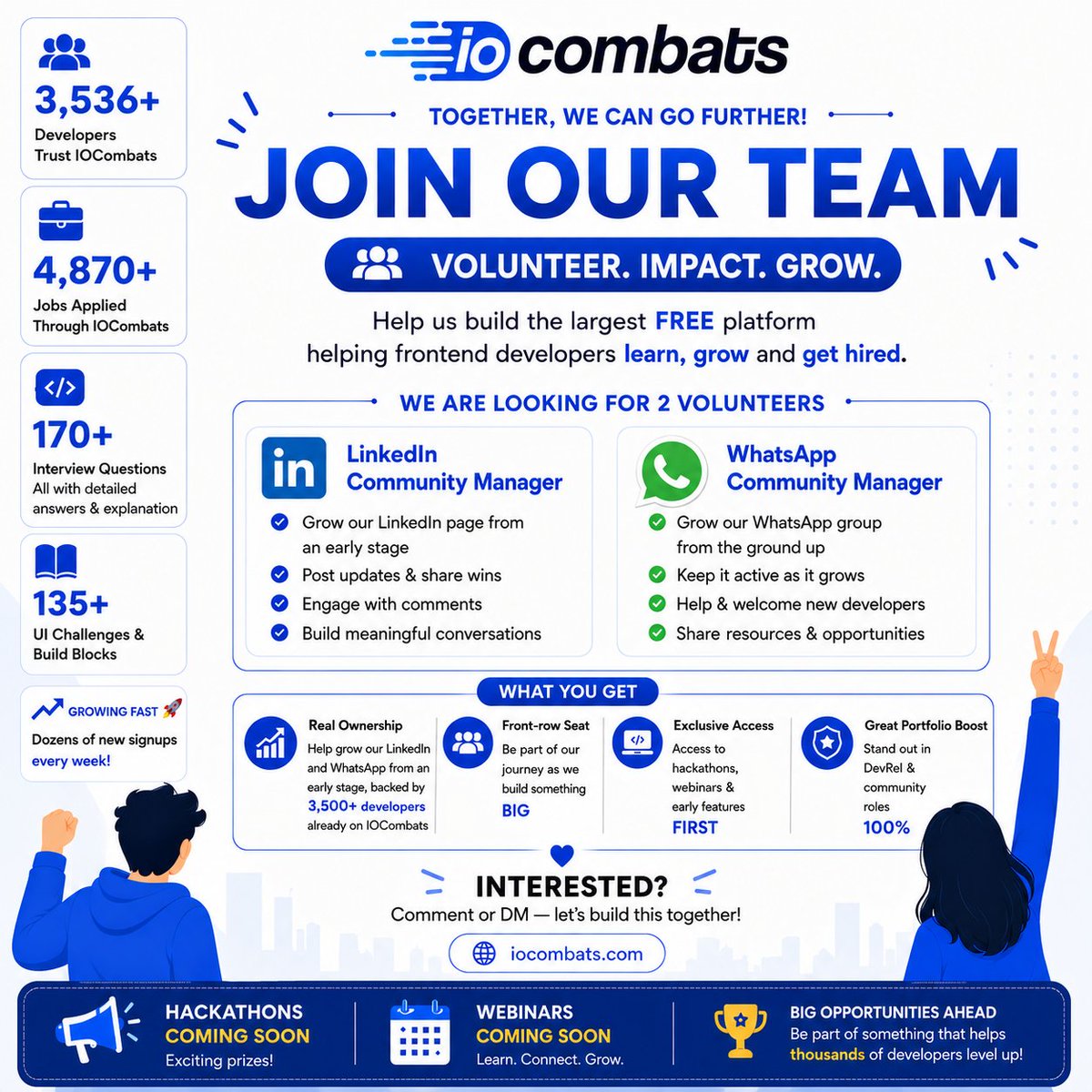 ghazikhandev's tweet photo. Looking for 2 volunteers to help grow IOCombats: a LinkedIn Community Manager and a WhatsApp Community Manager, building our community from the ground up.

3,536+ devs already on the platform. Unpaid, early-stage, real ownership.

Comment or DM if interested 👇 https://t.co/2PLqYzjZPA