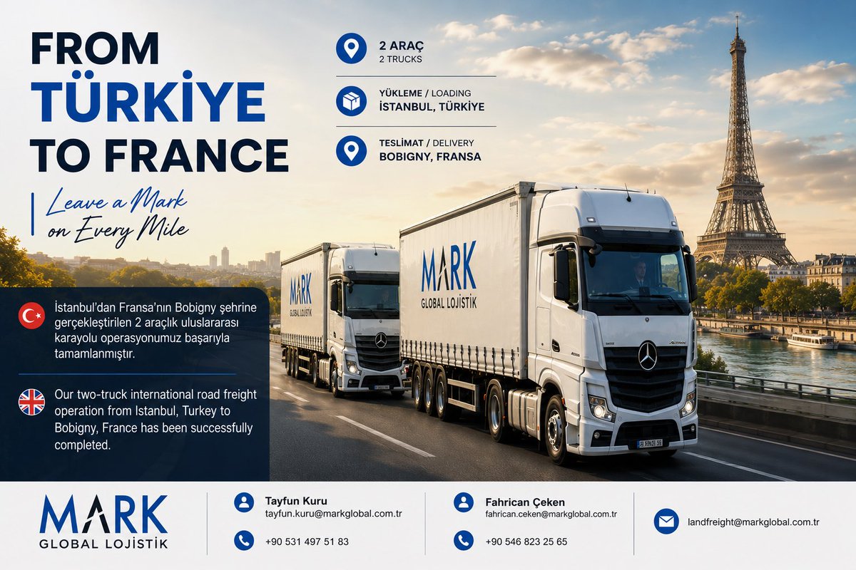LojistikMark's tweet photo. 🇹🇷➡️🇫🇷

📧 Tayfun Kuru
tayfun.kuru@markglobal.com.tr
📞 +90 531 497 51 83

📧 Fahrican Çeken
fahrican.ceken@markglobal.com.tr
📞 +90 546 823 25 65

📧 landfreight@markglobal.com.tr

#roadfreight #turkeytofrance #francelogistics #internationaltransport 

 https://t.co/e7hHet2dBV https://t.co/97VkuWlDrY