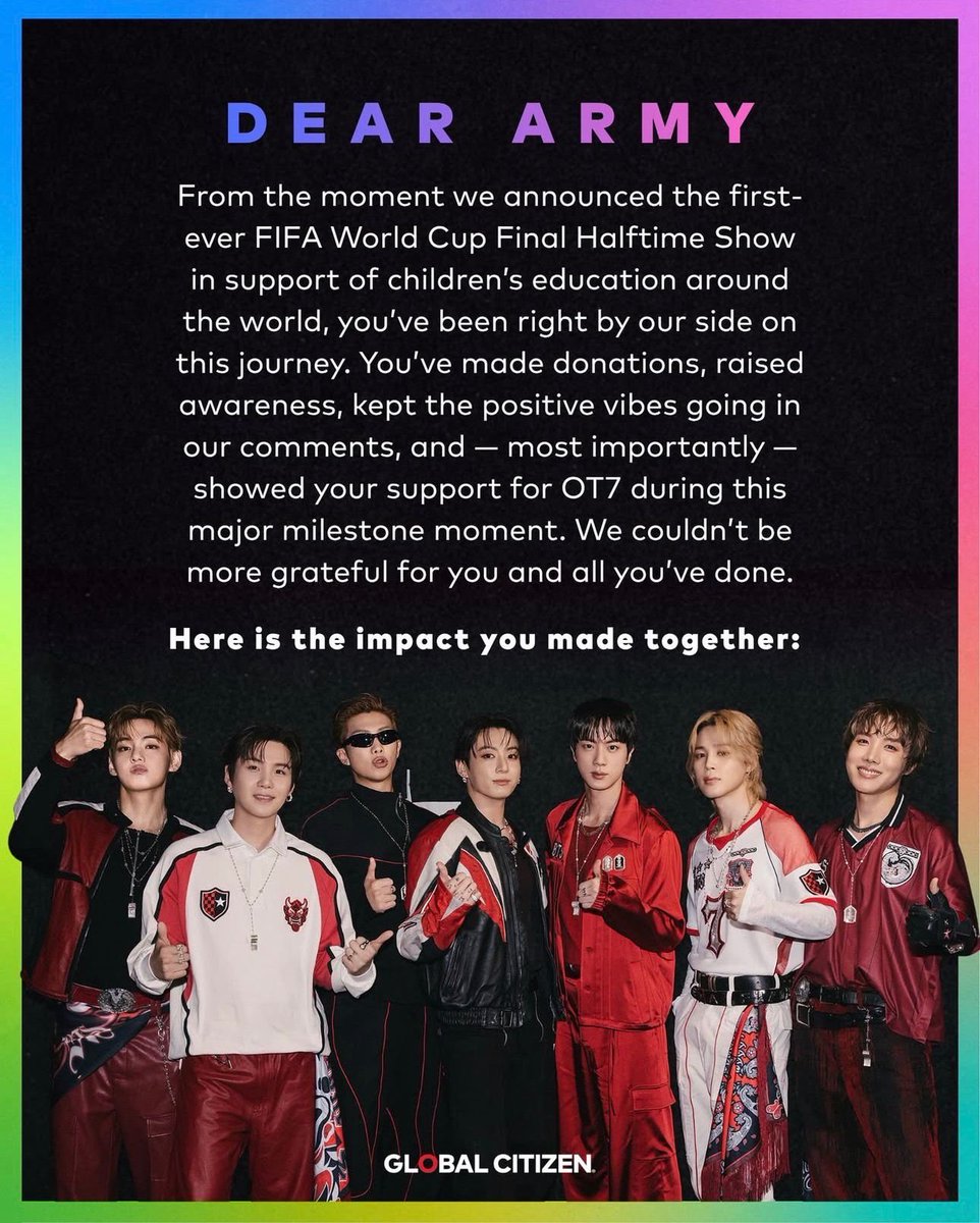 BTS_inSpain2's tweet photo. 📌 Global Citizen en Instagram

ARMY, gracias por vuestro increíble apoyo durante los últimos meses💜⁷

Desde el primer día, se han presentado con toda su fuerza, ayudando a amplificar el Fondo de Educación Ciudadana Global de la FIFA y nuestra misión de ampliar el acceso a una educación y un deporte de calidad para niños de todo el mundo ⚽📚⁠ Desde
recaudar más de la mitad del monto total durante la subasta One Goal de Christie's hasta donar personalmente más de $50,000 al Fondo Ciudadano Global de la FIFA y animar a nuestra comunidad en las secciones de
comentarios durante la campaña del espectáculo del medio tiempo, nos sentimos honrados de haberlos tenido con nosotros en este viaje. Estamos asombrados del impacto que han tenido y de la comunidad que han construido.⁠ Gracias por estar ahí para

@bts.bighitofficialy para los niños de todo el mundo 🫶 ¡Los amamos, ARMY! ⁠

🖇 https://t.co/3IEyhHJr9u

🐢