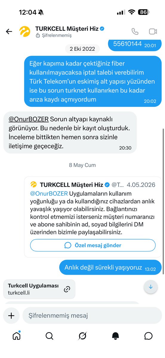 OnurBOZER's tweet photo. @TurkcellHizmet @superonline @Turkcell Dm kutusuna girip baksanız zaten göreceksiniz 2022 den beri sorunum var https://t.co/sPJyutiVnY