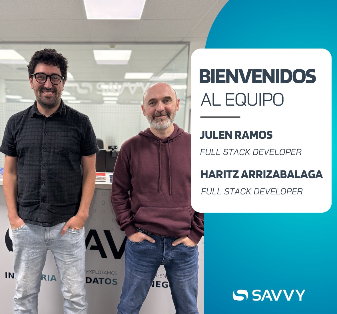 Savvy_DS's tweet photo. ➡️Seguimos creciendo y reforzando nuestro equipo con perfiles clave. 

Nos alegra mucho dar la bienvenida a Julen Ramos y Haritz Arrizabalaga, que se unen a nosotros como Senior Full Stack Developers.

¡Ongi etorri al equipo! 🙌

#DataDrivenResults #TechTalent #FullStack https://t.co/mFugx7nMtd