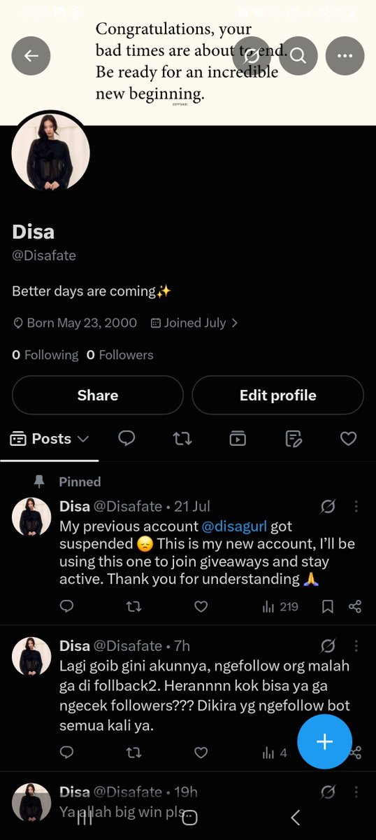 disahopes's tweet photo. My previous account @Disafate got suspended, and this is the account that was previously unsuspended. I’ll be using it again to join giveaways and stay active. Thank you for understanding🙏🏻 https://t.co/2uGyTtP2z9