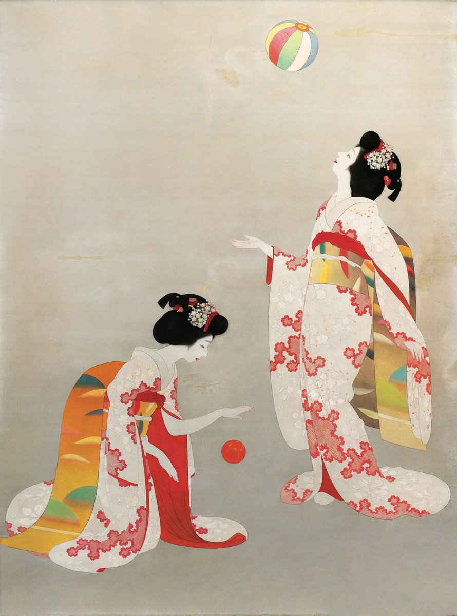 NihonBijutsushi's tweet photo. 岡本 神草　おかもと しんそう　Okamoto Shinsō　1894–1933

《婦女遊戯》

1932（昭和7）年
絹に彩色・額装
個人蔵 https://t.co/5NmttP0Gr4