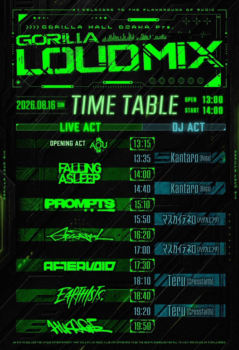 hikage_sapporo's tweet photo. 🔥🔥タイムテーブル解禁🔥🔥

2026.8.16(SUN)大阪GORILLA HALL
GORILLA HALL OSAKA Pre.
🦍⚡️GORILLA LOUD MIX⚡️🦍

HIKAGEは
トリの19:50-の出演となります！

ACT:
HIKAGE / Earthists. / AFTERVOID / Graupel / FALLING ASLEEP / PROMPTS
DJ ACT:
Kantaro(Baja)
Teru(Crossfaith)
マスカイテネロ(ハダカエフダ)

OPEN 13:00 / START 14:00
🎫TICKET FREE（+2DRINK REQUIRED）
🚨🚨チケット無料🚨🚨

チケット残りわずか⚠️
🎫: https://t.co/3Q1JvNpJle