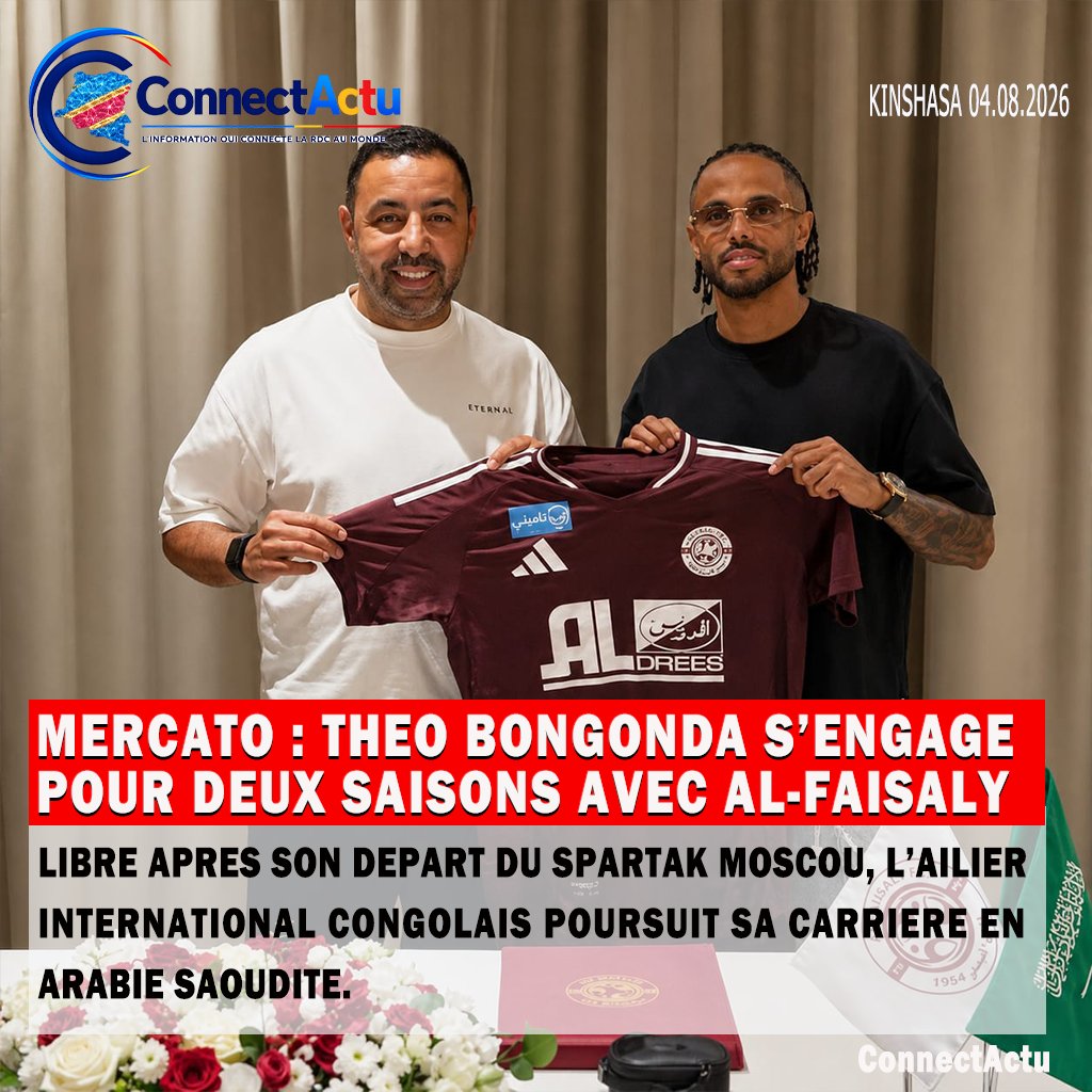 ConnectActu's tweet photo. Théo Bongonda rejoint Al-Faisaly FC pour deux saisons. Libre après son départ du Spartak Moscou, l’ailier congolais ouvre un nouveau chapitre de sa carrière en Arabie saoudite.
Une expérience supplémentaire pour l’un des cadres offensifs des Léopards.

Lire l'article https://t.co/yjiEOWXVsv