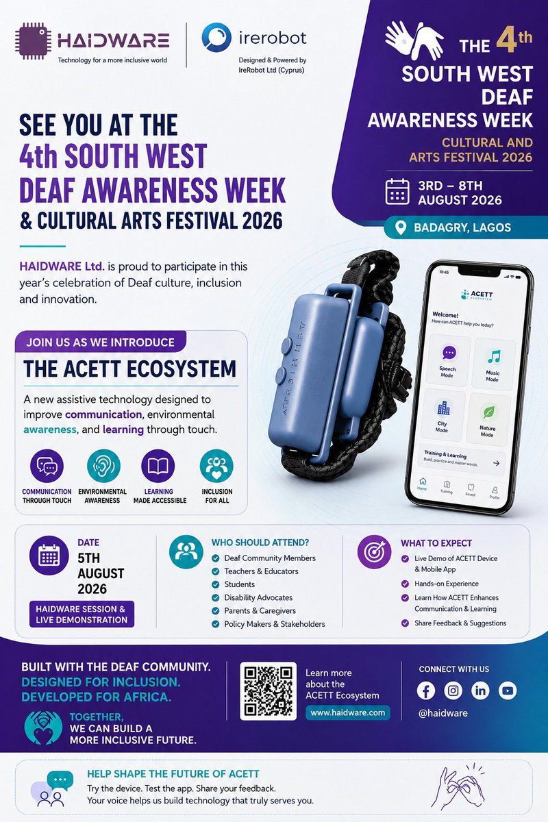 Haidwaree's tweet photo. We are excited to join the 4th South West Deaf Awareness Week &amp; Cultural Arts Festival 2026

HAIDWARE will showcase the ACETT Ecosystem which is an assistive technology built with the Deaf community to improve communication, environmental awareness and learning through touch. https://t.co/gzjXt3Glpw