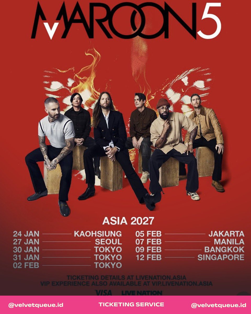 Valendira2's tweet photo. Open Ticketing Service Maroon 5 Asia 2027 Tour in ASIA

📍Manila, Bangkok, Singapore & Jakarta

✅ Self data & self payment
✅ Fee after secured
✅ 100% refundable if tickets are not secured
✅ Check Proof on our Highlight Instagram
💌 More info DM IG @velvetqueue.id for booking

#Maroon5
#Maroon5AsiaTour2027
#M5BKK2027
#LiveNationTero