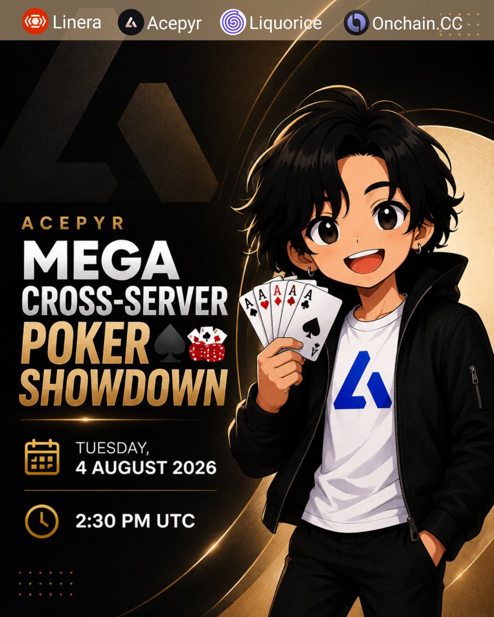 Myhud411's tweet photo. Poker isn't just about luck—it's about reading patterns, managing risk, and making decisions with incomplete information.

That's exactly why I like this event. It rewards the same mindset that matters in Web3: patience, discipline, and strategy.

The Mega Cross-Server Poker Showdown brings together communities from @acepyr , @linera_io , @LiquoriceHQ , and @Onchaincc

with rewards worth:
• $85 (including Lootboxes)
• 13,500 XP
• 1,550 Points

📅 August 4, 2026
⏰ 2:30 PM UTC

Good cards help.
Good decisions win.

See you at the table. ♠️🃏

more info : https://t.co/yqjVqji7dm