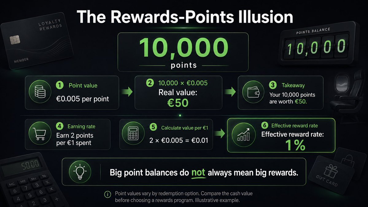 ReferTree's tweet photo. 10,000 reward points sounds impressive.

But if each point is worth €0.005, that’s only €50.

And earning 2 points per €1 spent gives an effective return of just 1%.

Ignore the point total.

Calculate the cash value. https://t.co/2wnMdXGpU6