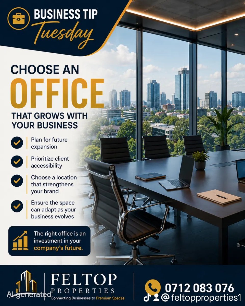Feltoppropertie's tweet photo. 💼 #BusinessTipTuesday
Don't lease an office based only on today's needs.
Choose a workspace that supports future growth, strengthens your brand, and provides easy access for clients and your team.
📍 Premium office space available in Parklands.
📞 0712 083 076
#FeltopProperties https://t.co/hQJ5jez4Ep