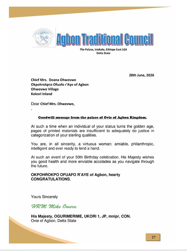 wlp_foundation's tweet photo. Thread! 

A king wrote her a reference letter. Read that again.

Chief Mrs. Deanna Ohwevwo, founder of the White Lioness Pride Foundation, received a personal letter from His Majesty Ogurimerime, Ukori I, the Ovie of Agbon Kingdom, calling her https://t.co/8rTKH48OYT