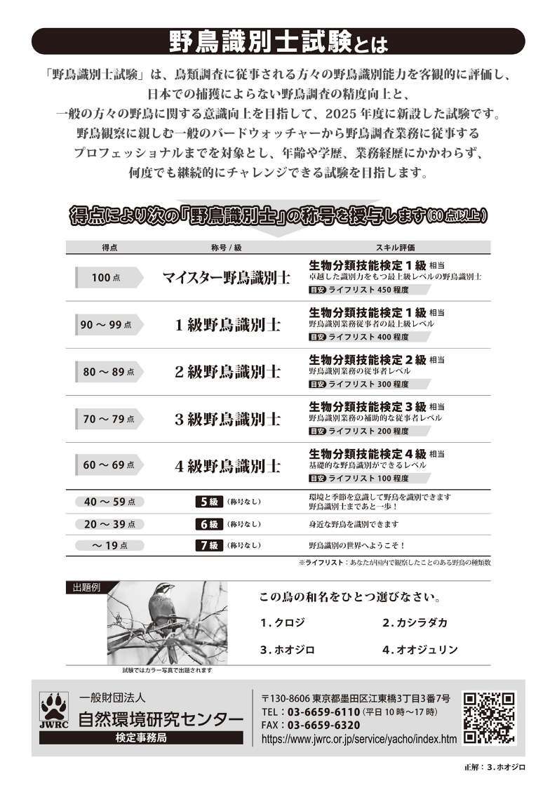 yachoshikibetsu's tweet photo. 2026年度『野鳥識別士試験』　級の追加について

この度、受験者の皆さまにとって、よりわかりやすく、段階的にスキルアップを目指せる試験制度とするため、級を追加することとなりました。

詳細は、公式サイトの「試験概要」をご確認ください。
URLはリプライでご案内します。 https://t.co/4JF1Dkjg6S