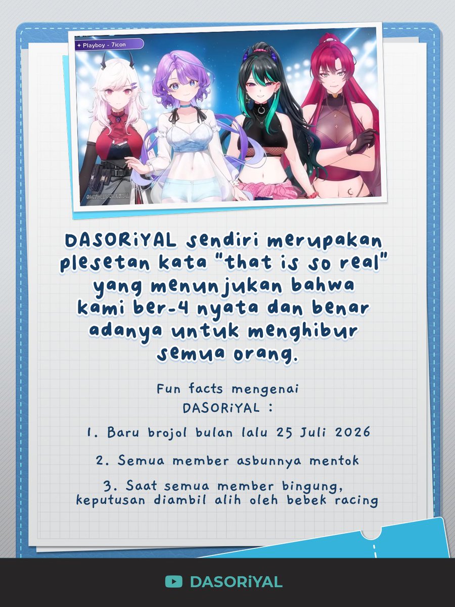 tkv_id's tweet photo. Sebentar, mimin bingung, bebek racing ini siapa?? 😂
Sekarang kalian tahu kan asal-usul nama DASORiYAL ini dari mana?

Cek juga ya sosmed dan channel masing-masing dari member DASORiYAL ini!

DASORiYAL ini adalah grup yang beranggotakan: 
-Chrysaora Hali 
-Gabriel Abyssia 
-Karissa Sharlotte 
-Krystalize Moon

Mereka akan perform di community stage di hari sabtu tanggal 15 Agustus 2026!

Jadi tunggu apalagi, ayo datang ke booth TKV ID di community area tanggal 15-16 Agustus di AFA ID 2026!