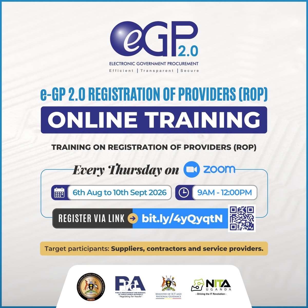 RwabugiriJ56210's tweet photo. @eGPUganda has scheduled Registration of Providers training for accounting officers working remotely, every Thursday starting on 6th August to 10th September! Don't miss out.
#ProcurementThatWorks #OpenGovUg https://t.co/IYiNq8EGUz