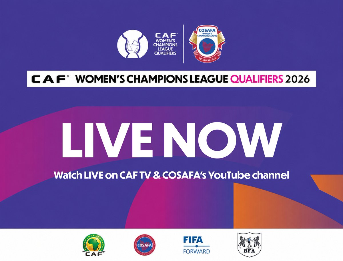 mightywarriorzw's tweet photo. HAPPENING NOW: CAF Women's Champions League | COSAFA Qualifiers Botswana 2026.

Click the link below to watch LIVE on the COSAFA YouTube channel and CAF TV:
https://t.co/R1hTvk3P2x

#CWCL #WomensFootball #COSAFA #CAF #AfricanFootball #HerGameHerFuture https://t.co/WaV1OaMUGS