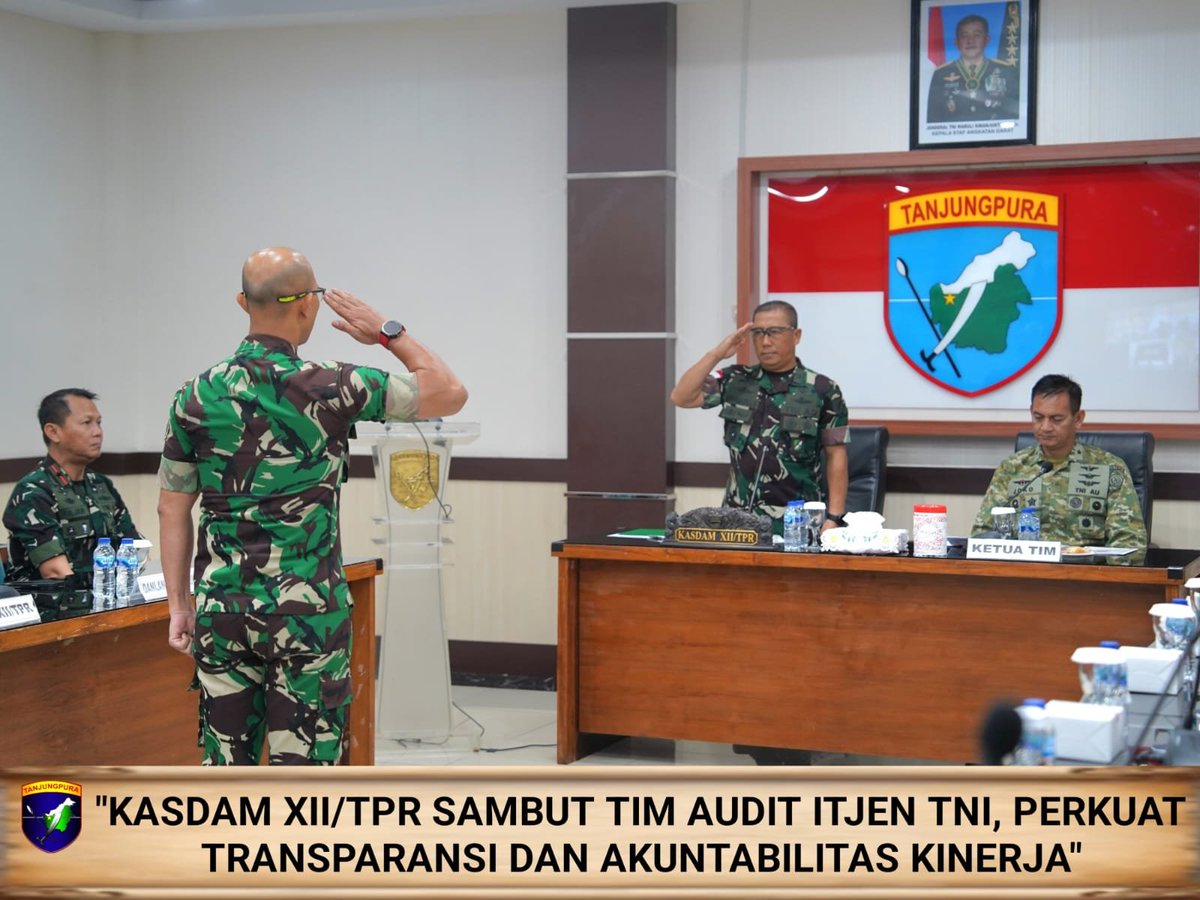 Kodam12Tpr's tweet photo. Kasdam XII/Tanjungpura Brigjen TNI Bambang Sujarwo menerima dan mendampingi Ketua Tim Audit Ketaatan dan Kinerja Itjen TNI Periode III Tahun Anggaran 2026, Marsma TNI Joko Triwibowo, di Ruang Yudha Makodam XII/Tanjungpura, Kubu Raya, Selasa (4/8/2026). https://t.co/5azguOVANC