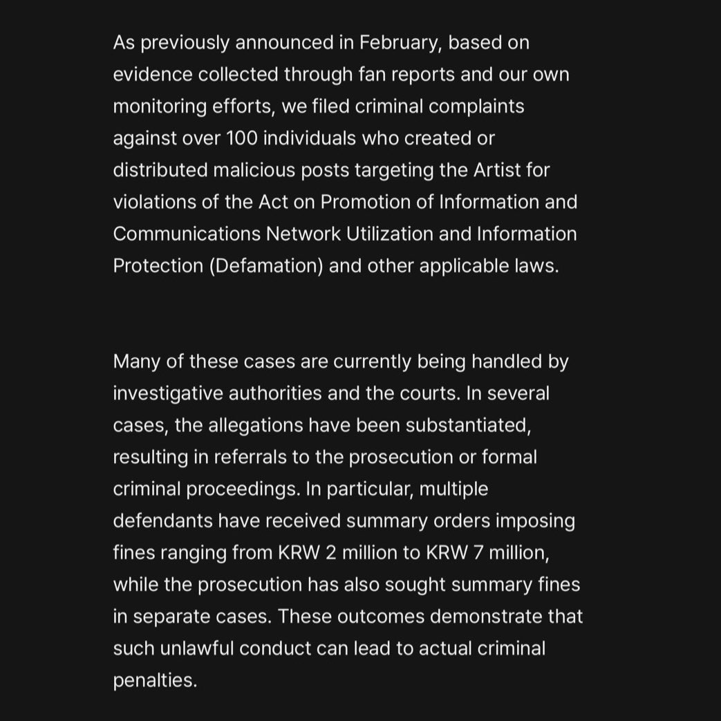 seungt0phyun's tweet photo. G-DRAGON’s team has announced that they have filed criminal complaints against over 100 individuals who created or distributed malicious posts targeting the Artist.

Many of these cases are currently being handled by investigative authorities and the courts, multiple defendants have received summary orders imposing fines ranging from KRW 2 million to KRW 7 million.

They will continue to monitor online platforms and they invite fans to keep reporting anything malicious and hurtful against G-DRAGON.

#GDRAGON #GD #지드래곤 #지디