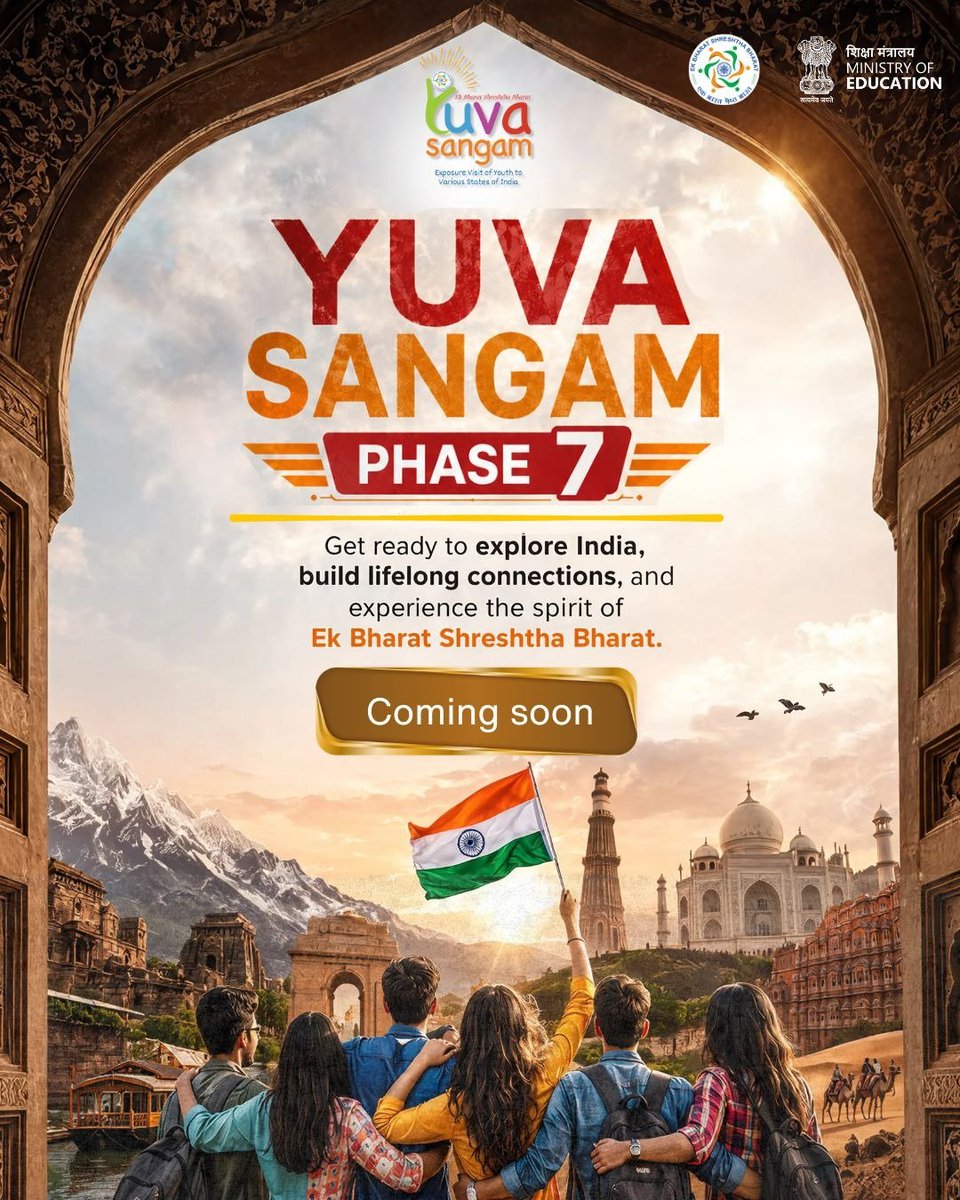 EBSB_YuvaSangam's tweet photo. The journey continues… 🇮🇳✨

Yuva Sangam Phase VII is on the horizon!

Get ready as young minds from every corner of India come together to discover new places, embrace diverse cultures, exchange ideas, and forge lifelong friendships. 🙌💛

Yuva Sangam - An initiative by Department of Higher Education, Ministry of Education under Ek Bharat Shreshtha Bharat.

@EduMinOfIndia @EBSB_Edumin
@AICTE_INDIA

#YuvaSangamPhase7 #EkBharatShreshthaBharat