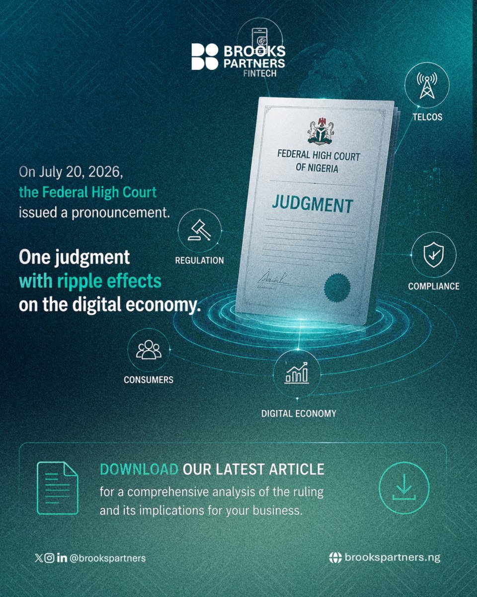 Brooks_Partners's tweet photo. 96 days of legal uncertainty. One judgment with lasting implications.
Our latest publication breaks down the Federal High Court’s ruling on the DEON Regulations and what it means for fintechs, telecos and digital platforms.
Download the full article.
#brookspartners #Fintech https://t.co/jOCLppakj1