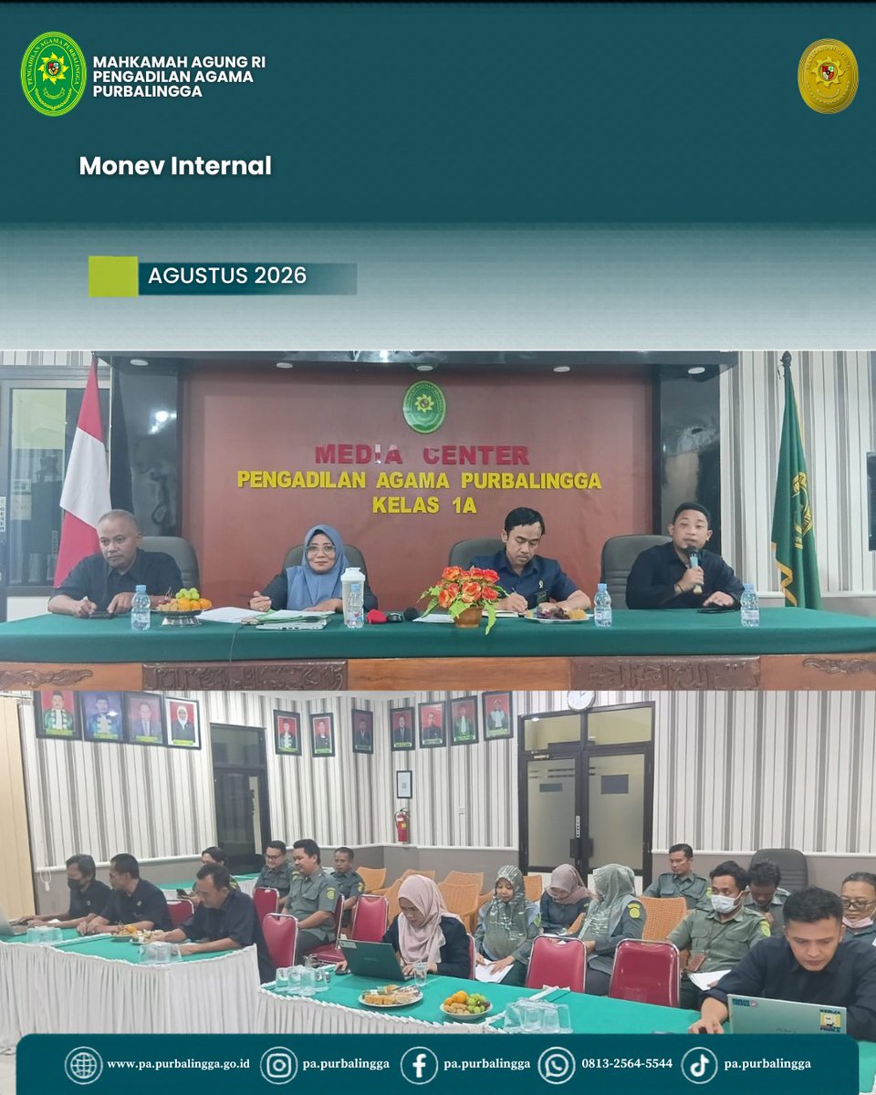 PAPurbalingga's tweet photo. Pada Selasa 04/08 Pukul 13.30 WIB bertempat diruang Media Center, telah diselenggarakan rapat koordinasi internal dengan agenda monitoring &amp; evaluasi bulan Juli 2026, perencanaan kegiatan bulan Agustus, dan evaluasi penilaian triwulan II tahun 2026 https://t.co/3wa47iCyDw