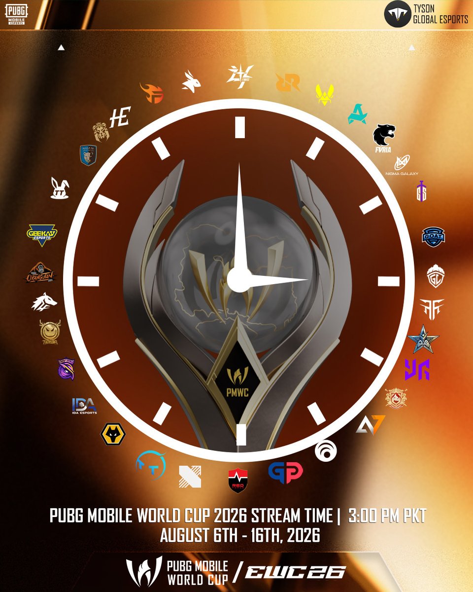 tyson_esports's tweet photo. 48 Hours Left!

The countdown is almost over! 🔥
The PUBG MOBILE World Cup 2026 begins in just 48 hours.
📅 August 6 – August 16, 2026
🕒 Live Daily from 3:00 PM PKT onwards

Who are you rooting for? 🏆
#PMWC2026 #PUBGMOBILE #PUBGMEsports #EsportsWorldCup https://t.co/9AwKv6oR16