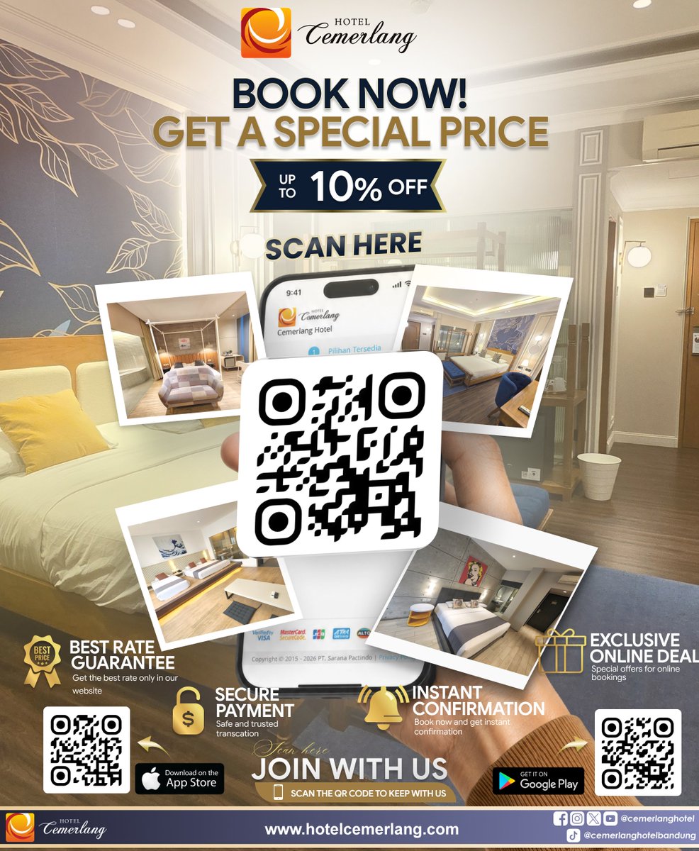 CemerlangHotel's tweet photo. Nikmati Kemudahan &amp; Harga Spesial dalam Setiap Pemesanan di Hotel Cemerlang!
​Kami berkomitmen untuk memberikan pengalaman menginap terbaik bagi Anda. Khusus untuk pemesanan secara online melalui website resmi kami, dapatkan diskon khusus hingga 10%! https://t.co/pECaHjhsKB