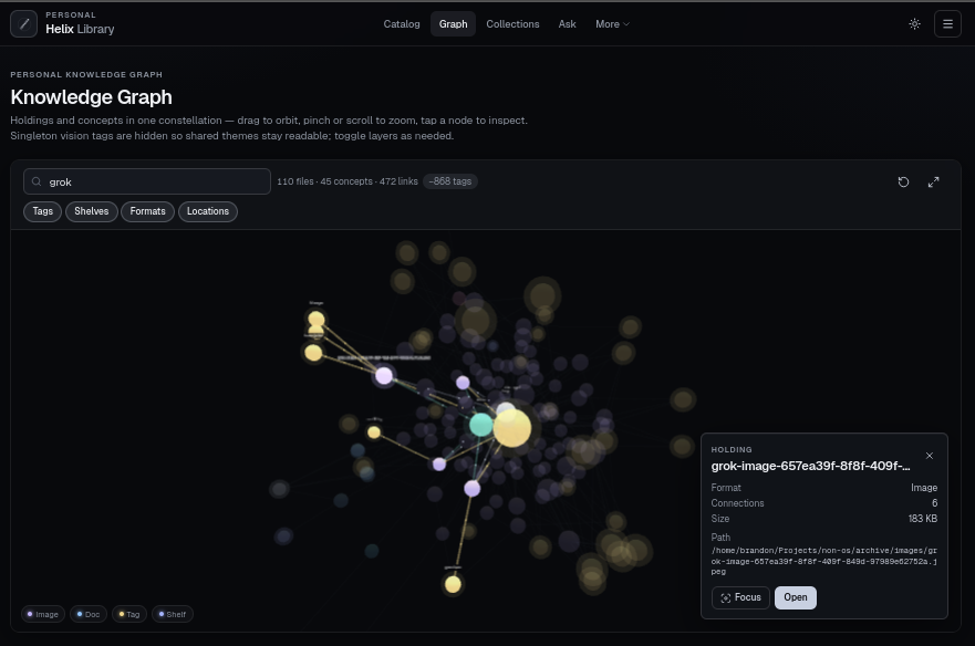 xyzthompson's tweet photo. Built another library opac, Grok native, interactive knowledge graph tools with three.js, and a digital librarian that curates the holdings. #opac #grokbuild https://t.co/eJ74wt7QBu